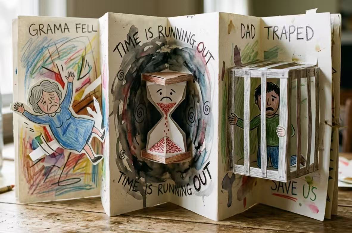 A handmade family scrapbook: Grandma fell. Time is running out. Dad trapped — save us.