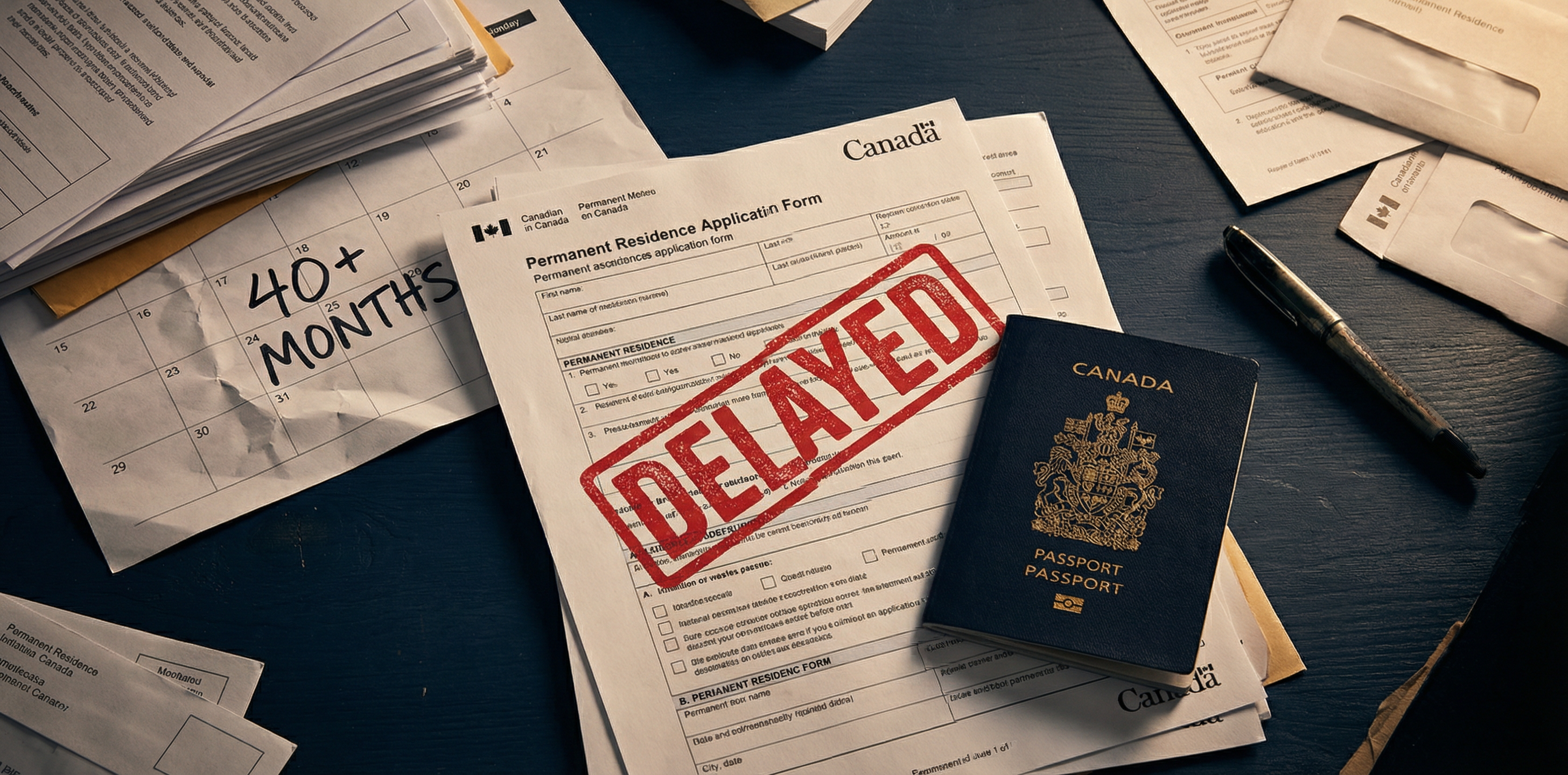 Canadian PR application stamped DELAYED with passport and 40+ months calendar