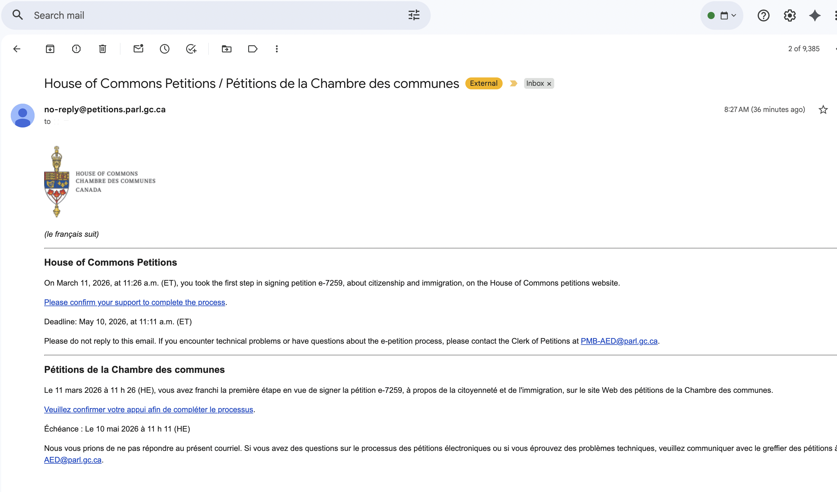 Email asking you to confirm your support